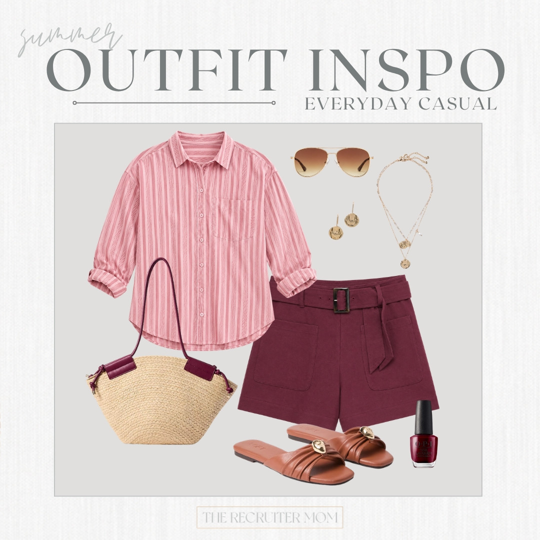 Easy everyday summer outfit with berry shorts, a striped button down, woven bag, and comfy slides 💗 #LTKsummer #LTKcasual

#LTKSeasonal #LTKOver40 #LTKMidsize