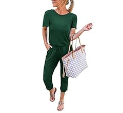 KIRUNDO Women's Casual Summer Jumpsuit Short Sleeve Crewneck Drawstring Elasitic Waist Jumpsuit R... | Amazon (US)