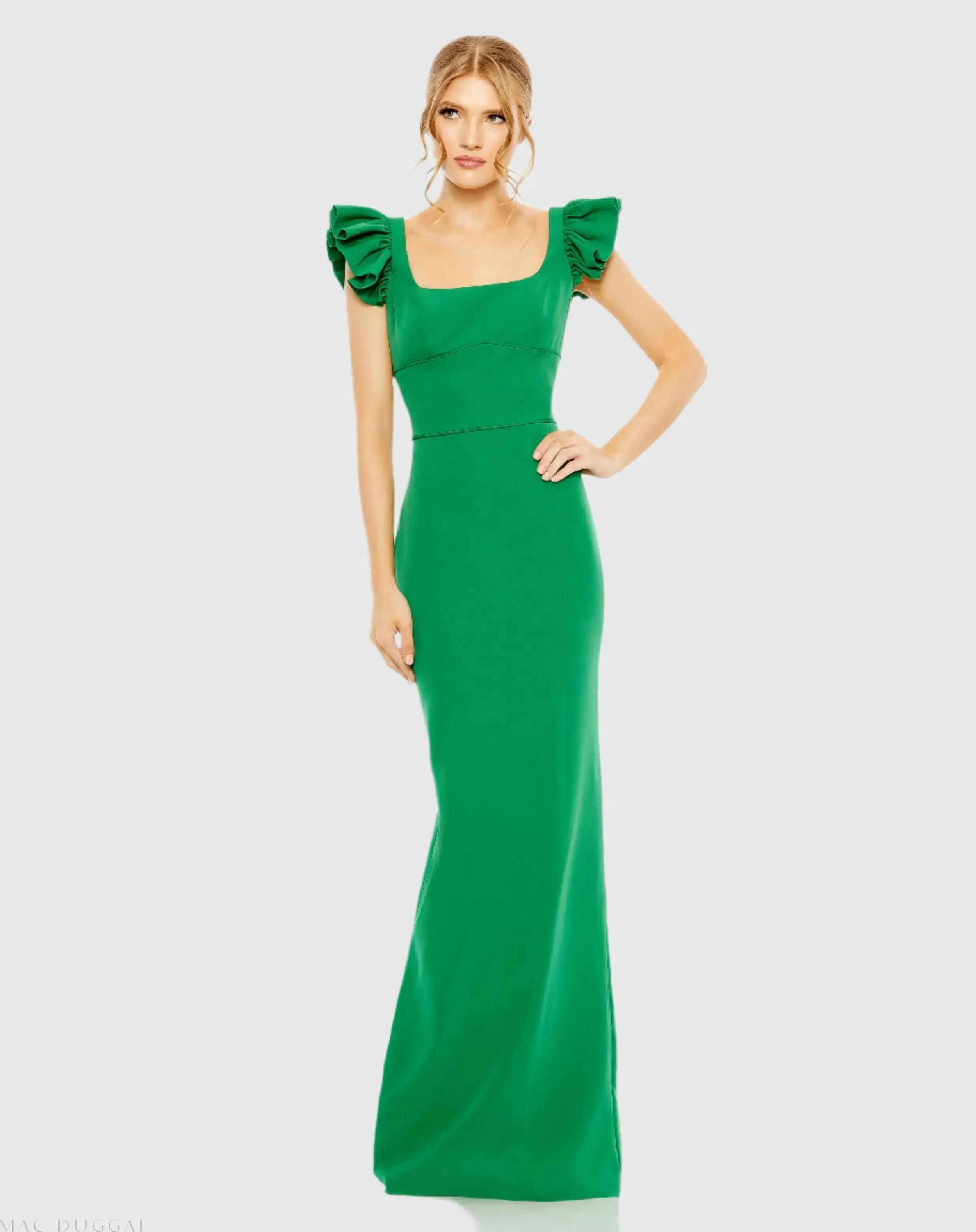 Green Ruffle Cap Sleeve Open Back Column Gown | Mac Duggal