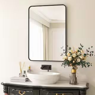 XRAMFY 24 in. W x 36 in. H Rectangular Aluminum Alloy Framed Rounded Black Wall Mirror BRTRC2436-... | The Home Depot