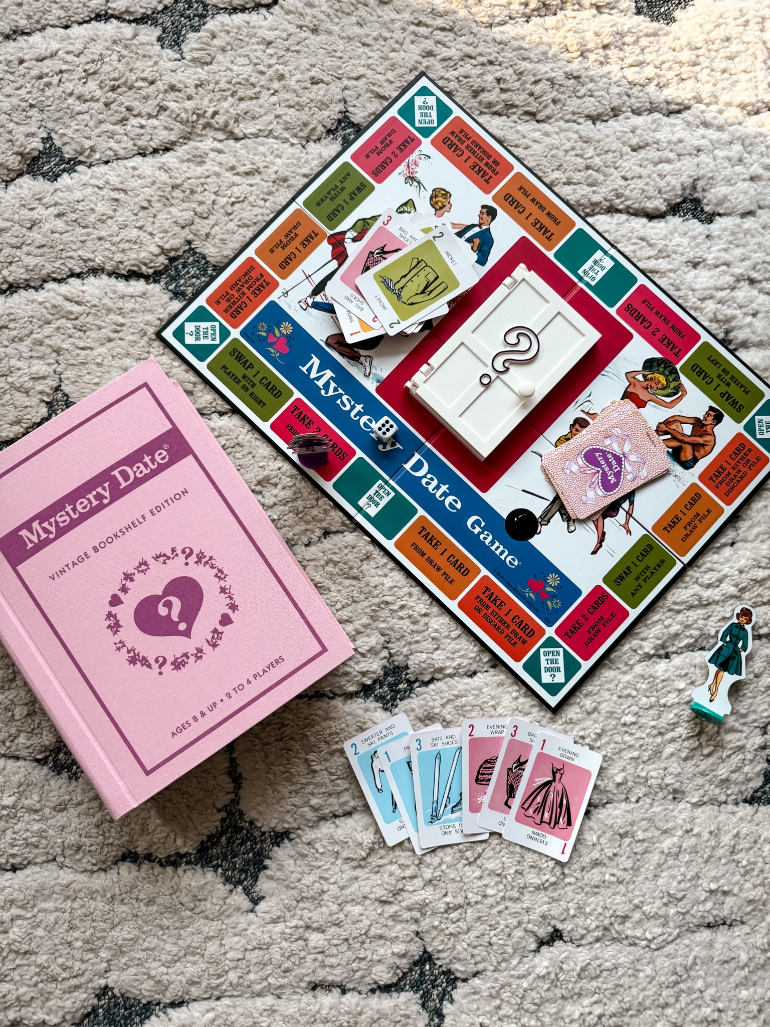 Mystery, date, board, game, vintage, bookshelf, edition, aesthetic, bookshelf, bookcase, decor, and styling 
pink homedecor