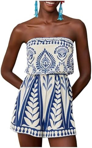 WDIRARA Women's Boho Graphic Tube Top Romper Strapless Sleeveless Wide Leg Shorts Jumpsuits | Amazon (US)