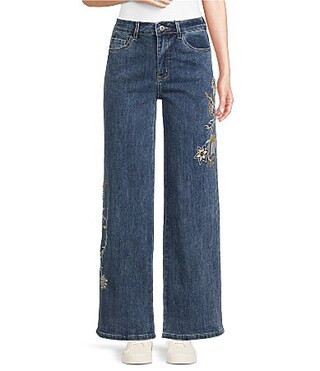 Charlie B. Stretch Denim Mid Rise Floral Embroidered Wide Leg Jeans - 8 | Dillard's