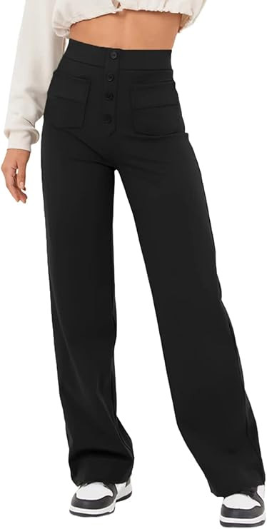EVALESS Women's Casual Straight Leg Pants High Waisted Button Down Stretchy Business Work Trouser... | Amazon (US)