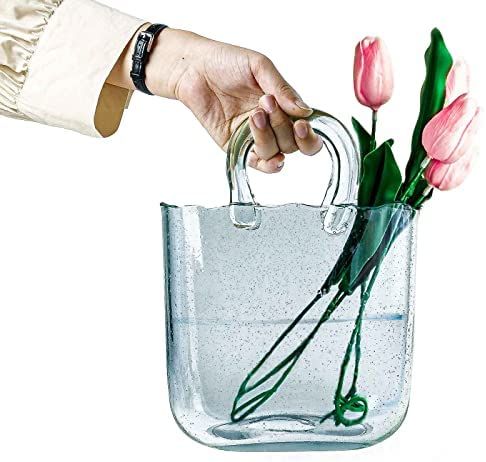 OLEEK purse vase for flowers (handmade) blue glass bag vase -10 Inches- Clear , cool & cute vase ... | Amazon (US)