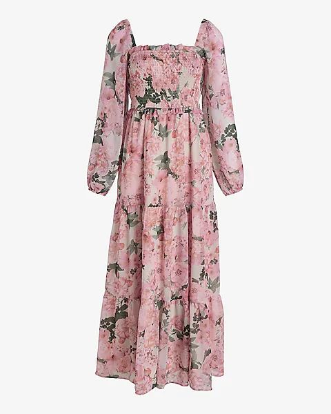 Floral Square Neck Long Sleeve Smocked Tiered Maxi Dress | Express