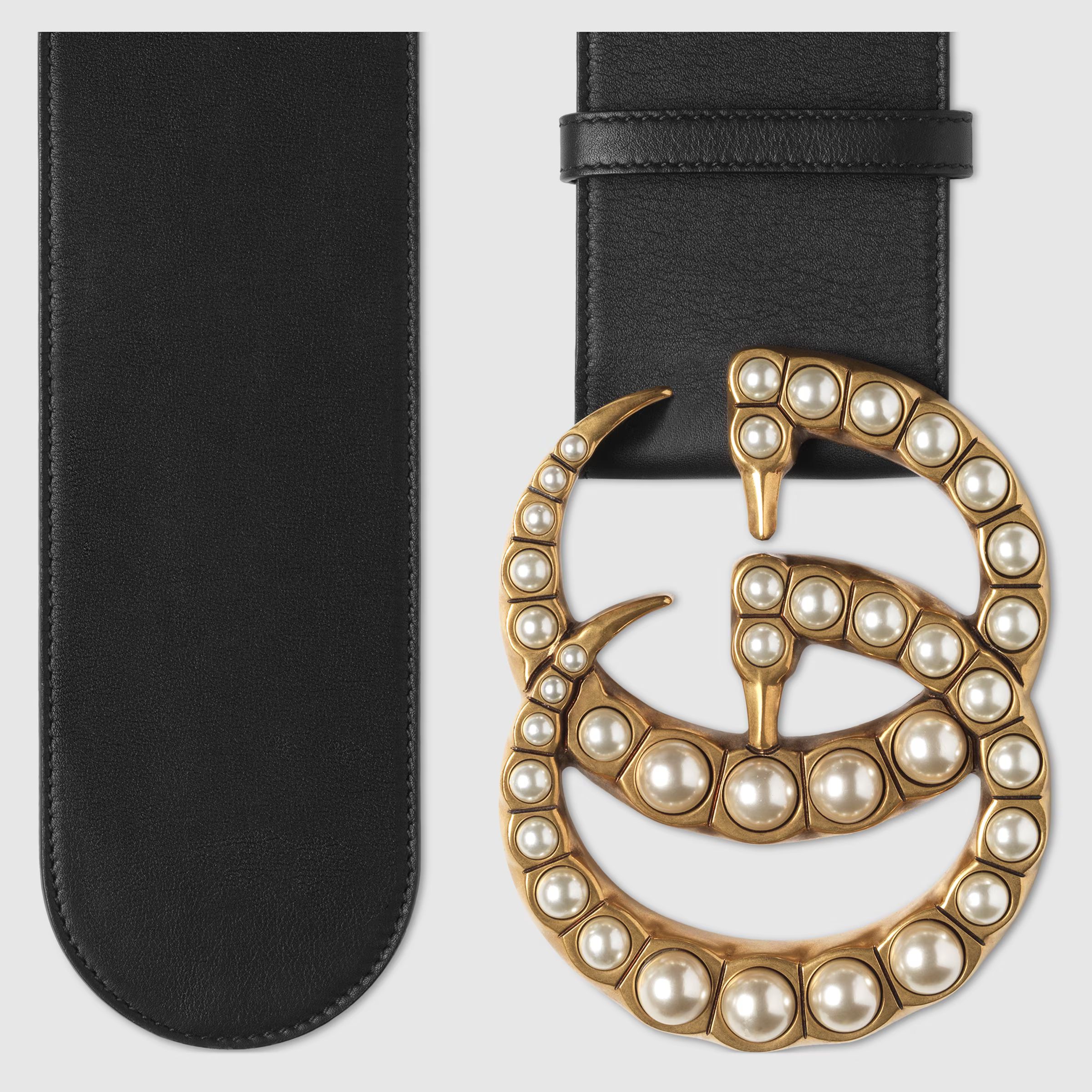 Wide leather belt with pearl Double G | Gucci (US)