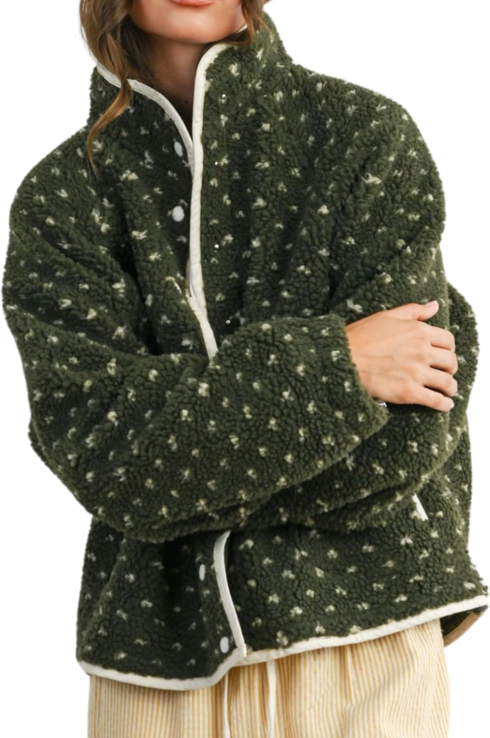 Women's Fleece Jacket Button Down Lapel Collar Sherpa Jackets Long Sleeve Contrast Quilted Outerwear | Amazon (US)