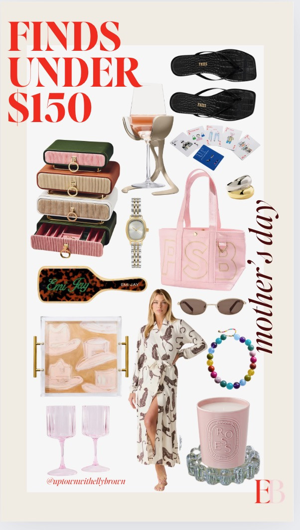 Mother's Day is less than a week away and if anyone in your life asks what you want, send them this post. And if you're the one shopping — same link, same energy.
I pulled together everything under $150 that actually feels like a gift. The stacked jewelry cases (because she's been living out of a ziplock bag). The Tkees flip flops she'll wear every single day. That pink monogram tote that looks three times the price. Emi Jay brush, Diptyque candle, the leopard robe she'll never take off.
The gold watch snuck in under budget and it looks anything but.
There's something here for the mom who wants something practical, the one who wants something pretty, and the one who will absolutely never tell you what she wants — so you're just going to have to pick.
Everything is linked. Shipping windows are getting tight, so check before you checkout. 

 