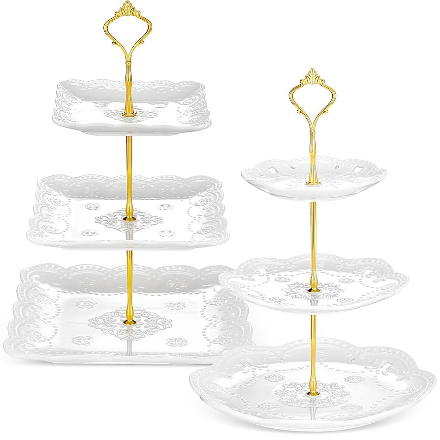 Ctosree 2 Pcs 3 Tier Porcelain Cupcake Stand Round and Square White Ceramic Cake Stand 3 Tier Ser... | Amazon (US)