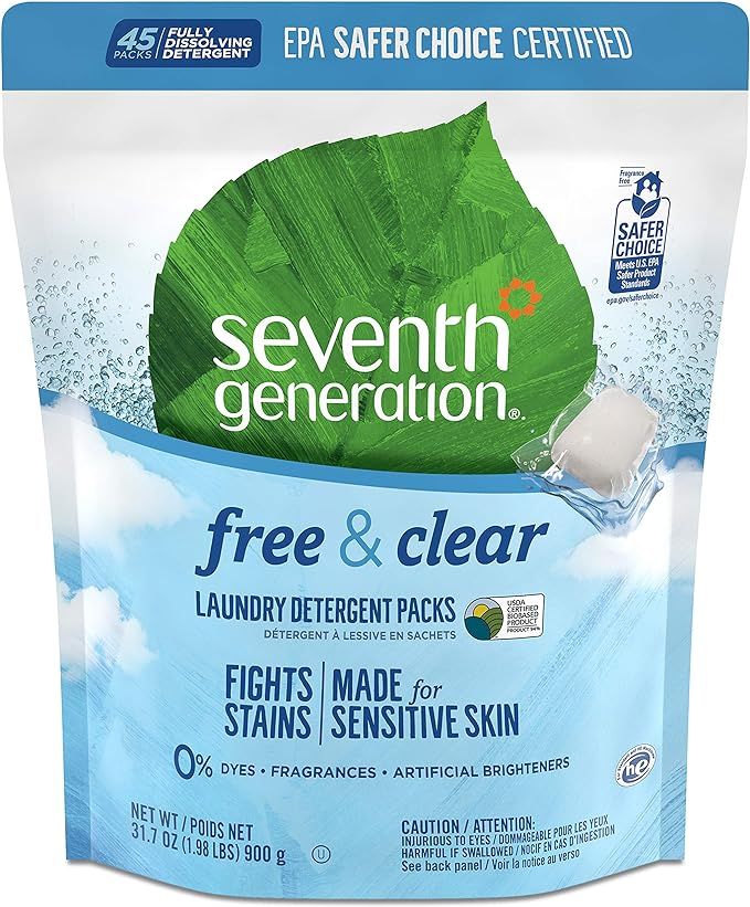 Seventh Generation Laundry Detergent Packs, Free & Clear, 90 Loads (2 pouches, 45 Ct EA) | Amazon (US)