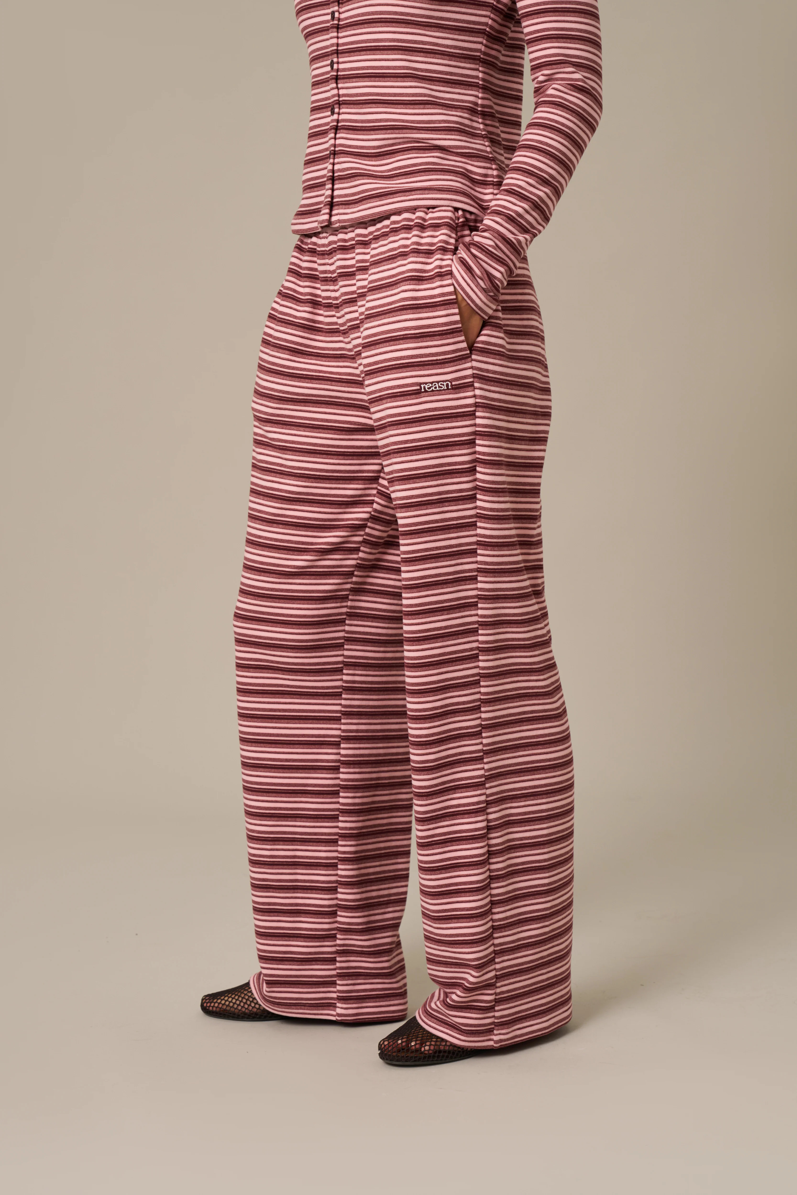 Fleece Stripe High Waist Wide Leg Trousers - Berry Pink | Reasn