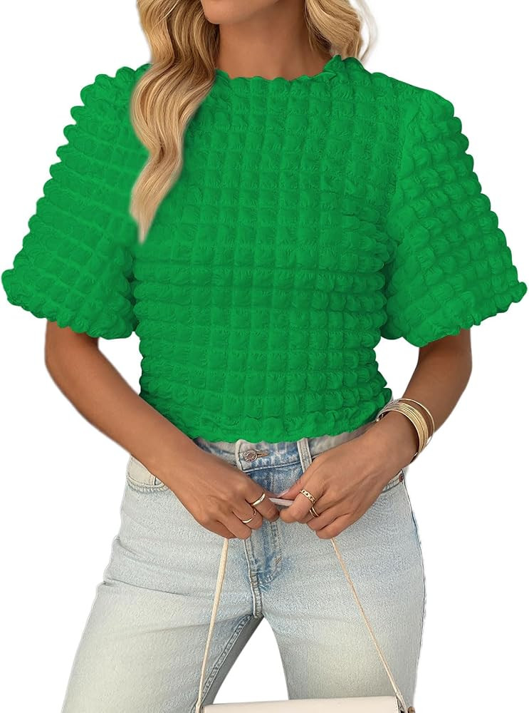 Women's Short Puff Sleeve Tops 2025 Trendy Crewneck Slightly Crop Tops Textured T Shirts Bubble P... | Amazon (US)