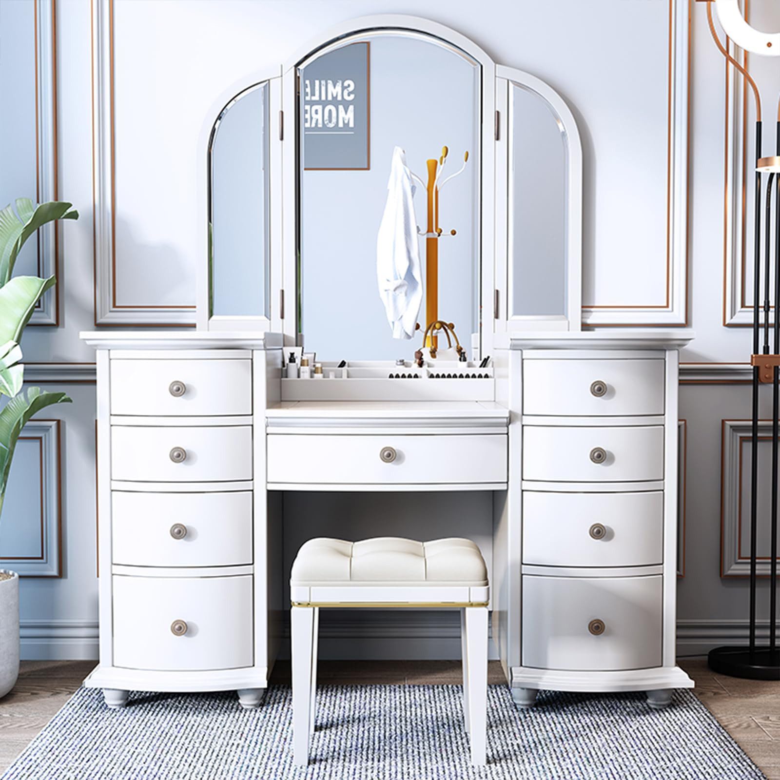 Amazon.com: TIZAZO Dressing Table with LED Touch Light, 180\u00b0 Rotating Mirror, Ample Storage ... | Amazon (US)