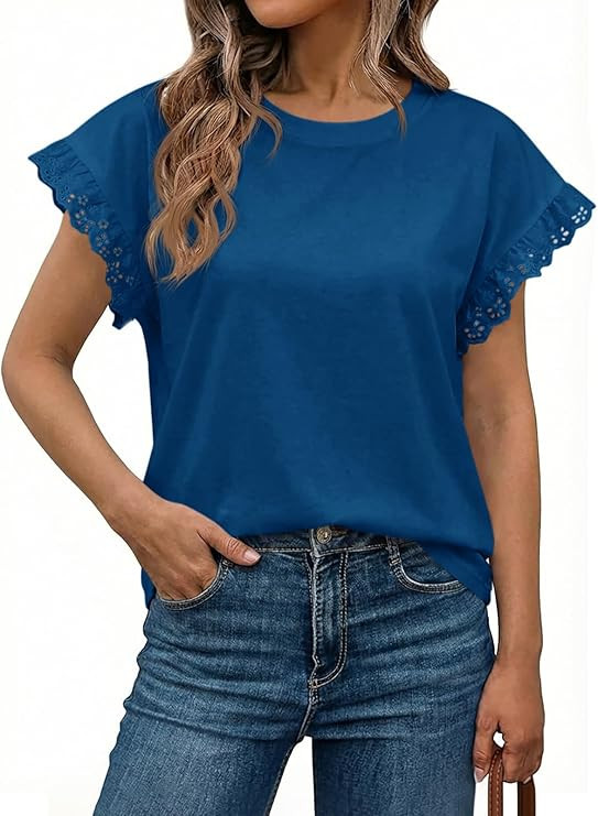 Tankaneo Womens Summer Crewneck T-Shirts Lace Cap Sleeve Tops Dressy Casual Loose Fit Work Basic ... | Amazon (US)