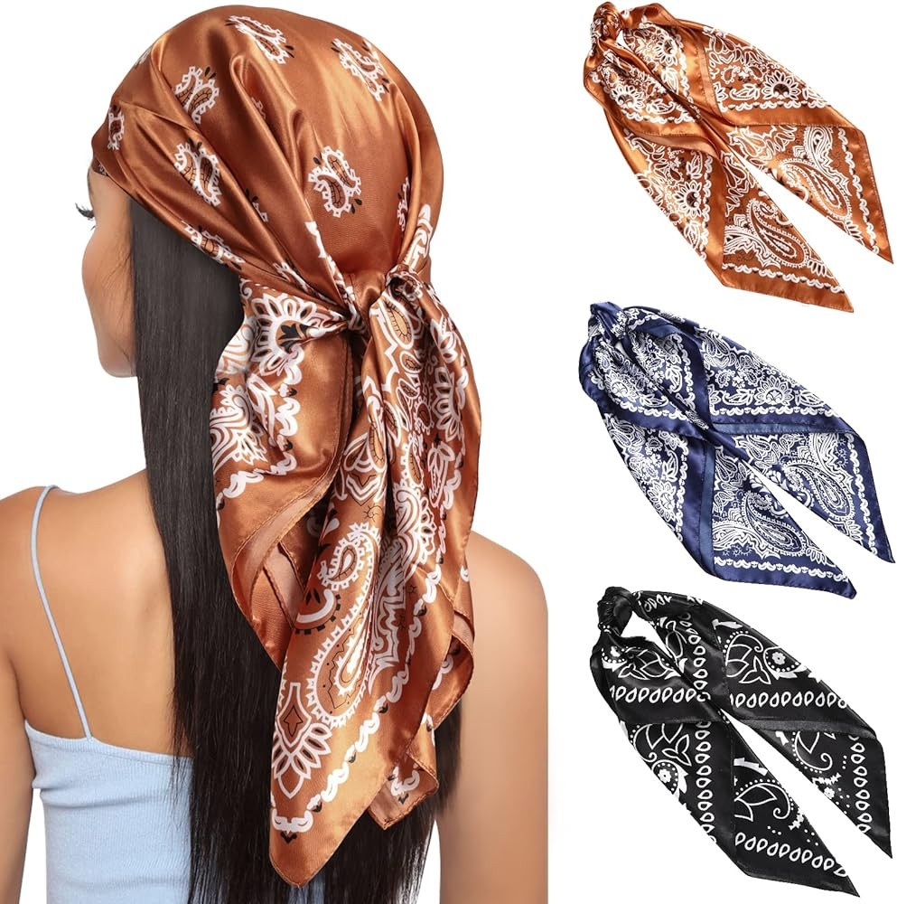 AWAYTR 35” Large Square Satin Head Scarf - 3Pcs Satin Hair Scarves Silk Bandana Scarf Headscarf... | Amazon (US)