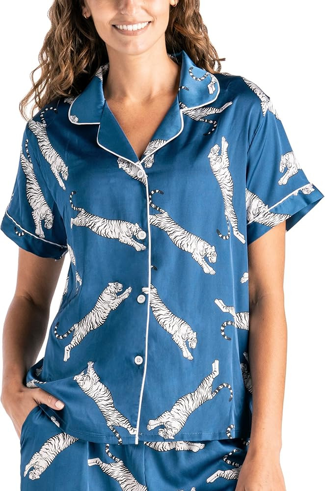 Hello Mello Pajama Top Satin Pajamas Short Sleeve Button-Down Silky Shirt for Women, Girl | Amazon (US)
