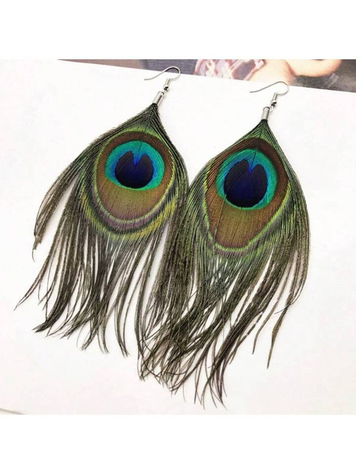 1pair Bohemian Style Peacock Feather Earrings, Exaggerated Vintage Handmade Ear Jewelry | SHEIN