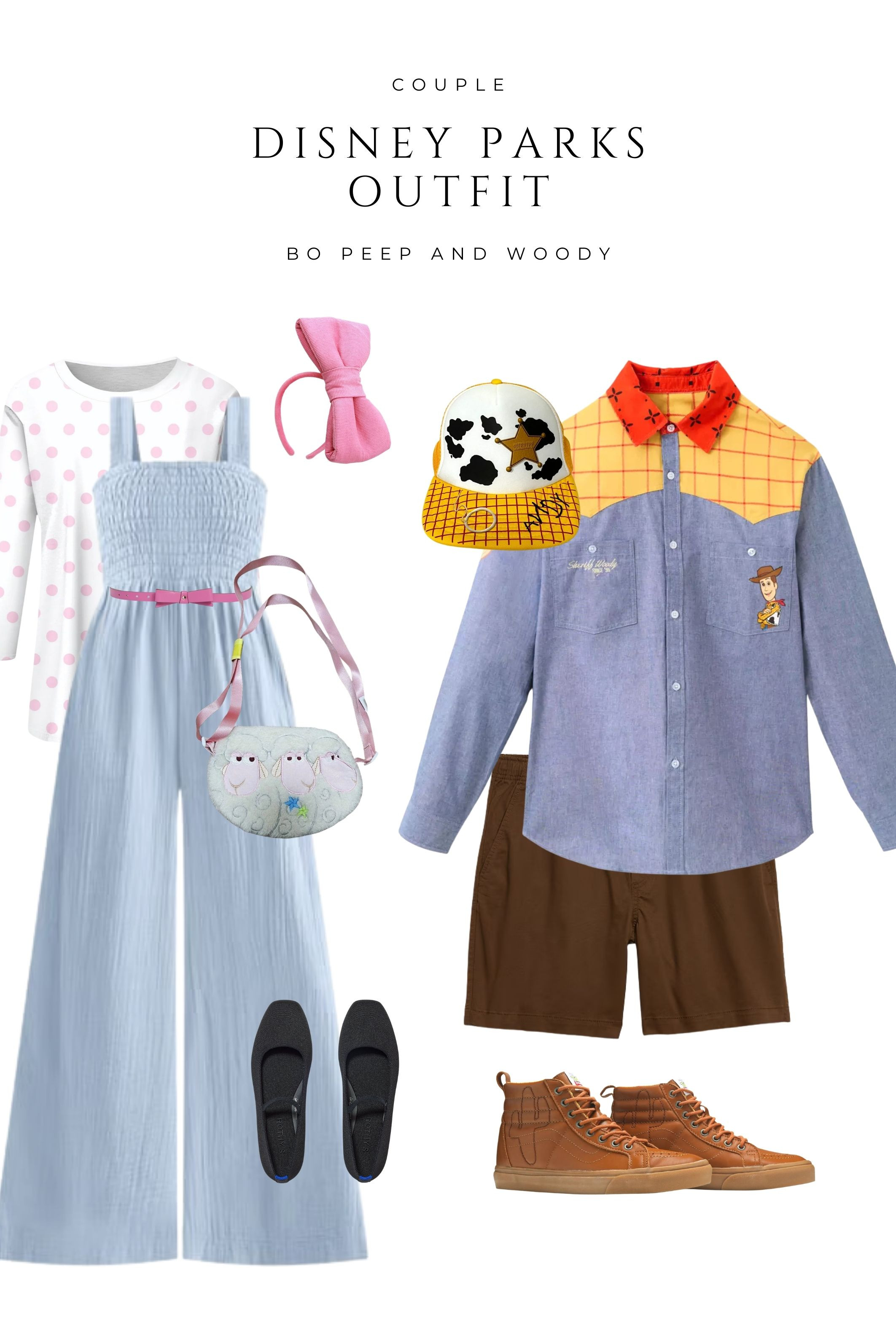  

Disney Parks couple outfit inspired by Bo Peep and Woody from Toy Story. The cutest Disney bound for Magic Kingdom or Disneyland featuring a pastel blue jumpsuit layered over a pink polka dot top, pink bow headband, sheep crossbody bag, and comfy flats. Paired with a Woody inspired button down, brown shorts, cowboy hat, and lace up boots for the perfect Pixar couple look.

 

#LTKTravel #LTKValentine #LTKootd