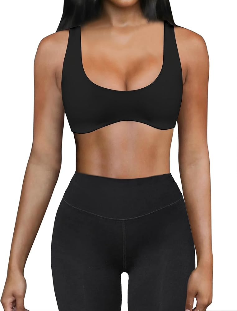Meladyan Women Sports Bra Scoop Neck Curve Wireless Support Bralette Crop Tank Cami Backless Slee... | Amazon (US)