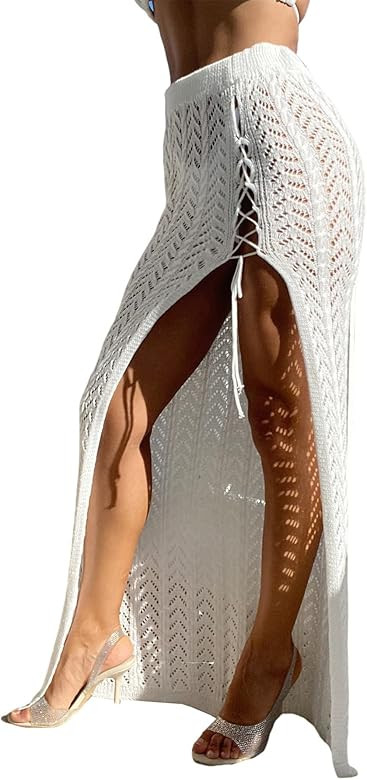 Verdusa Women's Fringe Split Knitted Swimsuit Beach Crochet Cover Up Skirt | Amazon (US)