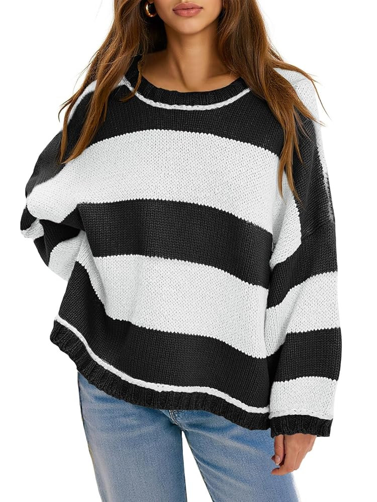 Fisoew Womens Oversized Sweaters Casual Long Sleeve Striped Color Block Crewneck Knitted Loose Fa... | Amazon (US)