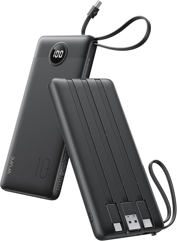 VRURC Portable Charger, Built-in 4 Cables Slim Power Bank 10000mAh, USB C Charging Bank with LED ... | Amazon (US)