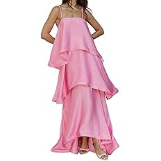 DINGANG Women Satin Ruffle Maxi Dress Casual Sleeveless Tiered Floor Length Summer Vacation Dress... | Amazon (US)
