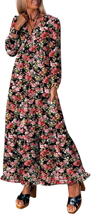 ANRABESS Womens Long Sleeve Boho Maxi Dress 2026 Fall V Neck Floral Striped Casual Loose Fit Beac... | Amazon (US)