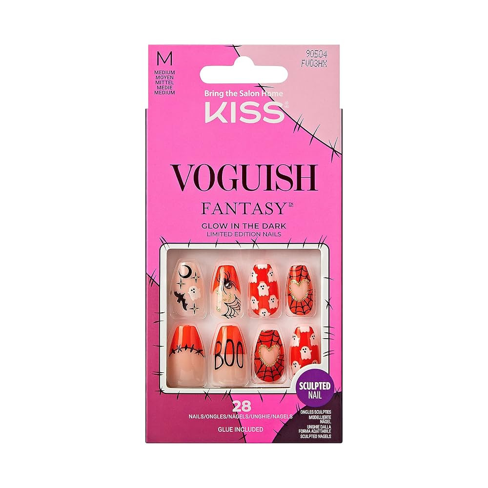 KISS Voguish Fantasy Halloween Nails, Orange, Medium Length, Coffin Shape, Pink Gel Nail Glue (2g... | Amazon (US)