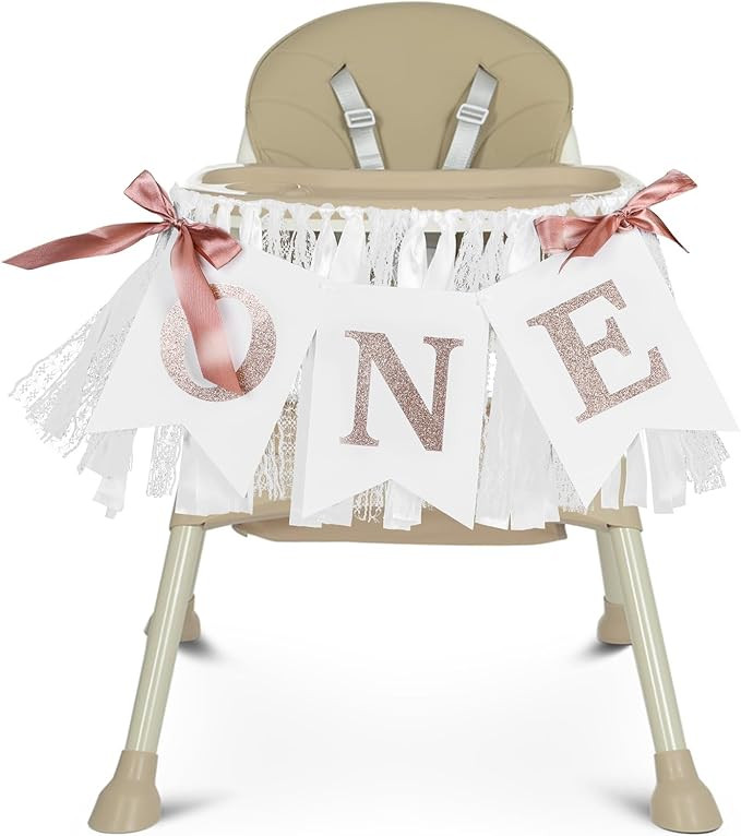 Pre-strung Bow One High Chair Banner Girl - 1st Birthday Decorations White Lace Ribbon First Birt... | Amazon (US)