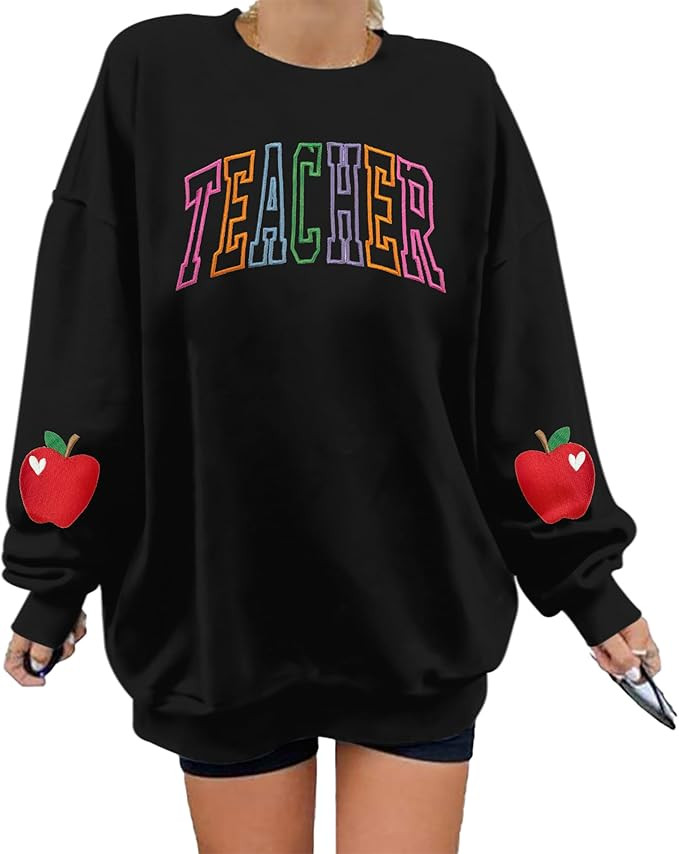 BANGELY Teacher Sweatshirt Women Oversized Retro Teach Crewneck Shirt Embroidery Teacher Life Pul... | Amazon (US)