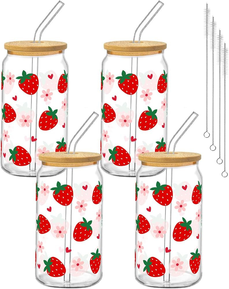 4Pcs Strawberry Glass Cups with Lids and Straws 16oz Cute Fruit Red Pink Drinking Glasses Cups Ic... | Amazon (US)