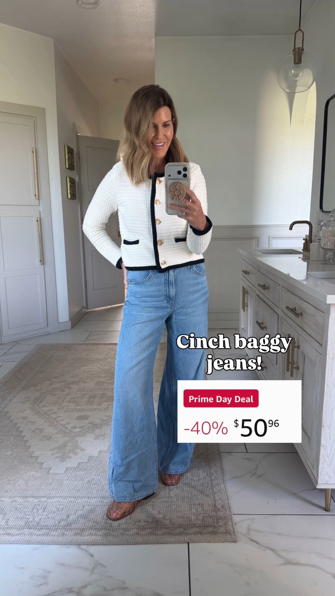 I’m in a size 27 cinch waist Levi jean and medium sweater

#LTKOver40 #LTKSaleAlert