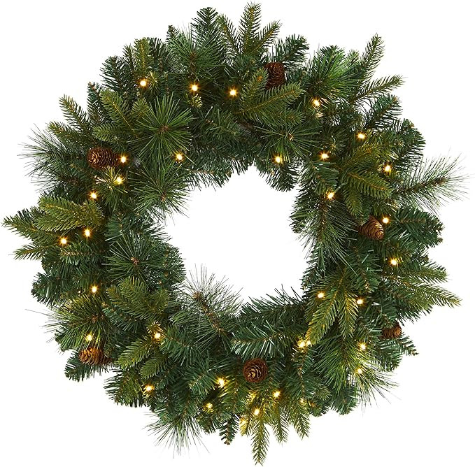 Nearly Natural 24in. Mixed Pine Artificial Christmas Wreath with 35 Clear LED Lights and Pinecone... | Amazon (US)