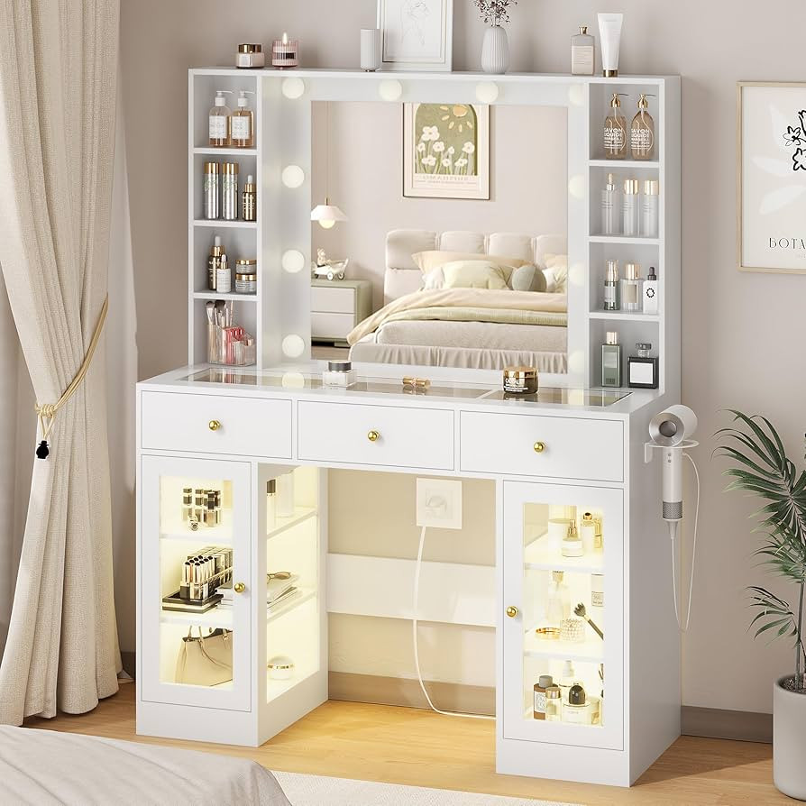 HUANLEGO White Vanity Desk with Mirror and Lights, Glass Top Vanity with Lighted Mirror & RGB Gla... | Amazon (US)