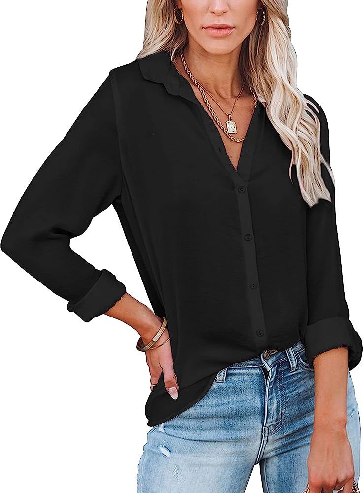 Womens Button Down Shirts Long Sleeve Casual Work Blouses Vneck Loose Tunics Plain Office Tops | Amazon (US)