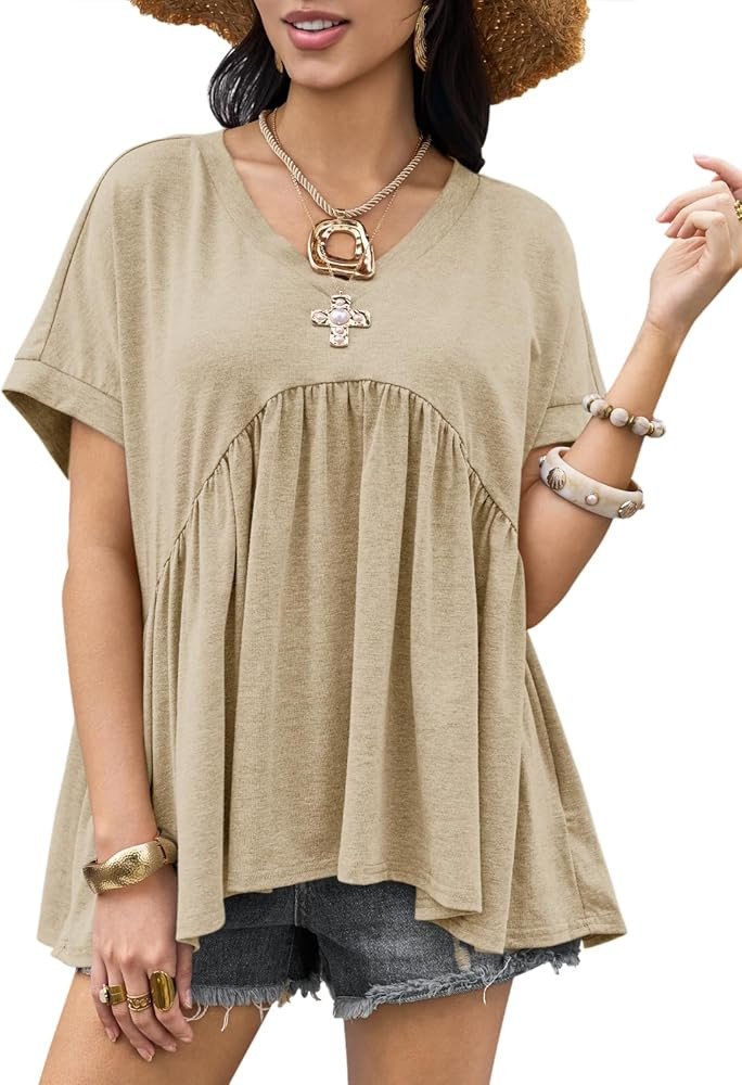 Cicy Bell Womens Summer Peplum Tops Oversized Babydoll Short Sleeve V Neck T Shirts Casual Loose ... | Amazon (US)