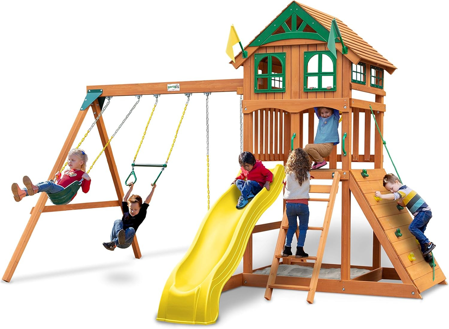 Gorilla Playsets 01-1063-Y Outing Wood Swing Set with Wood Roof & Yellow Slide, Amber | Amazon (US)