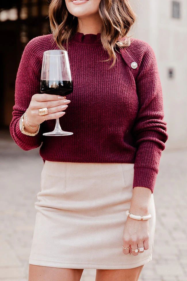 Wine Down Merlot Ruffle Mock Neck Sweater Amber Massey X Pink Lily | Pink Lily