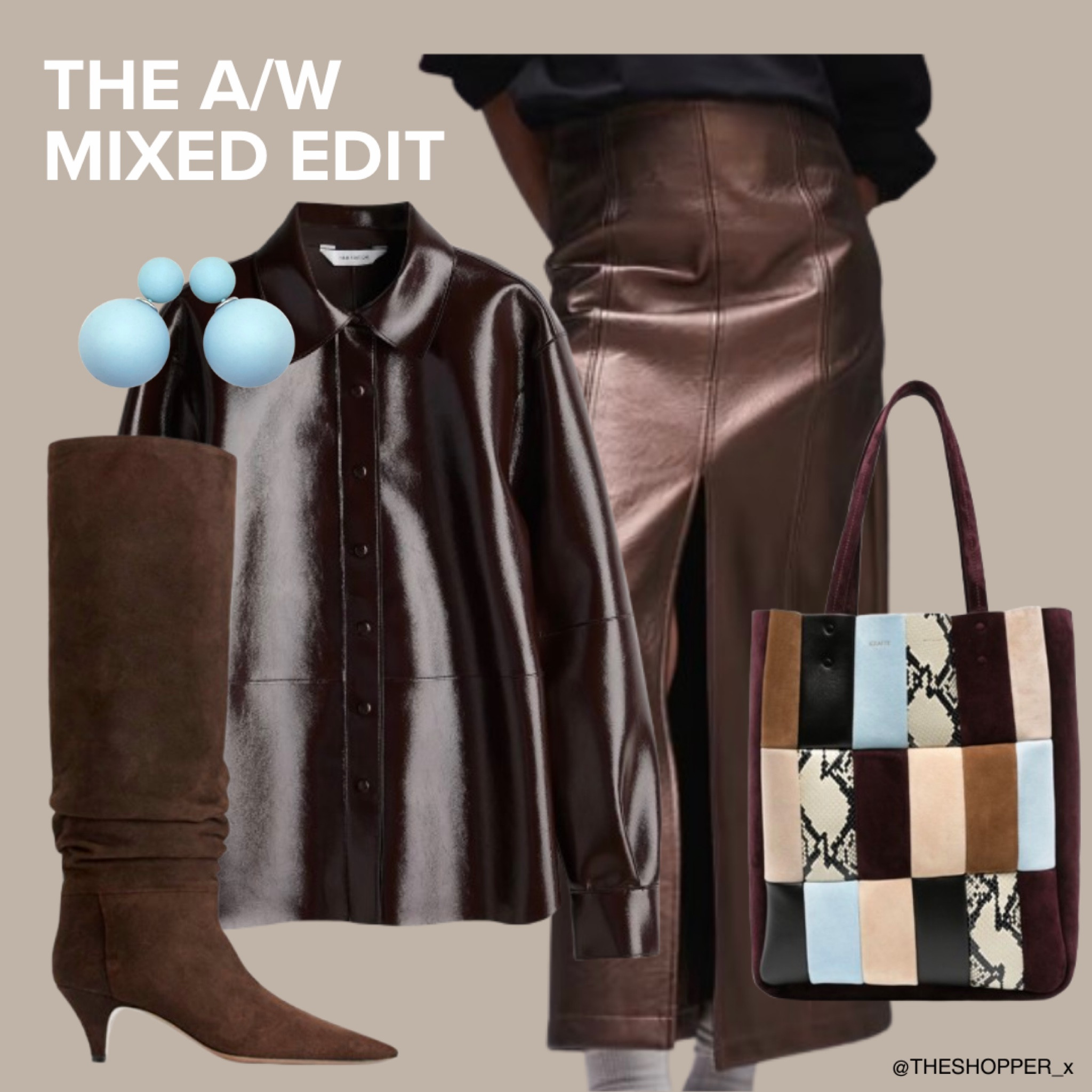 The A/W Mixed Edit
Light blue double ball earrings, coated shirt, faux leather split midi skirt in metallic bronze, slouchy suede boots, patchwork tote bag

#LTKautumn #LTKluxury #LTKuk