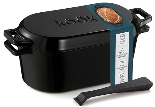KooK Dutch Oven, Oven for Sourdough Bread Baking, with Lid, Dual Handles, Enameled Cast Iron, includes Lid Lever, Great for Baking Bread, Cooking and Roasting, Dishwasher Safe, 3.4 Qt, Black | Amazon (US)