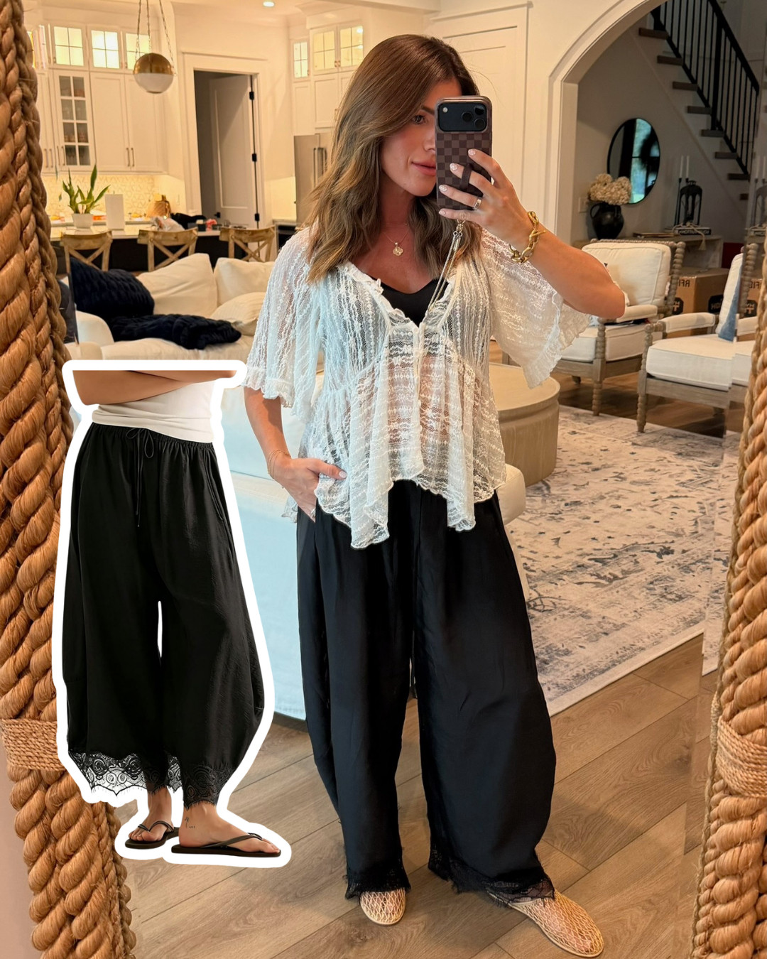 Easy, flowy, and effortlessly chic,  loving this black-and-white look. 🖤

black and white outfit, casual chic outfit, wide leg pants, lace pants, black pants outfit, lace top, white lace top, flowy pants, relaxed outfit, summer outfit, transitional outfit, everyday style, women’s fashion, casual outfit, neutral outfit, comfortable style, boho chic outfit, flat shoes outfit, outfit inspiration, effortless style 

 #LTKootd #LTKPetite