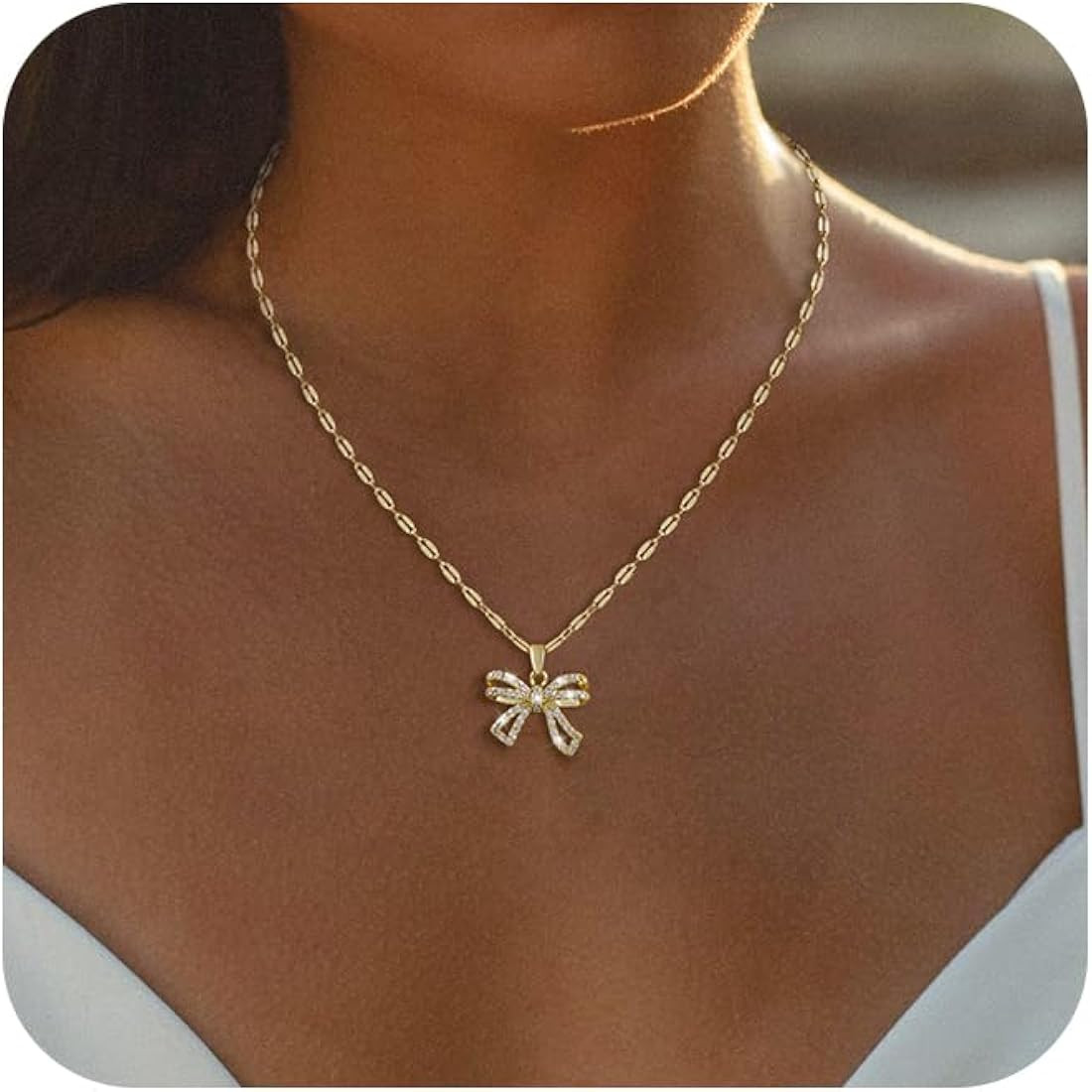 Gold/Silver Necklace For Women,Bow Necklace 14K Gold/Sterling Silver Plated Layered Cute Small Bo... | Amazon (US)