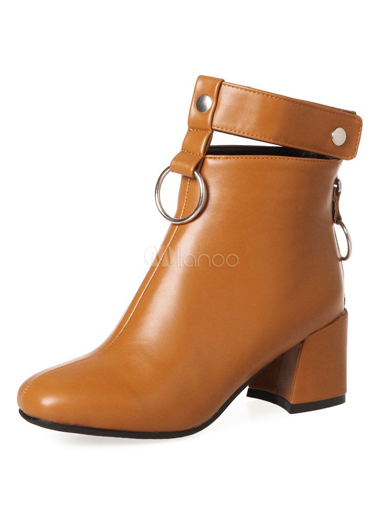 Brown Ankle Boots Round Toe Metal Detail Zip Up Booties Women Boots | Milanoo
