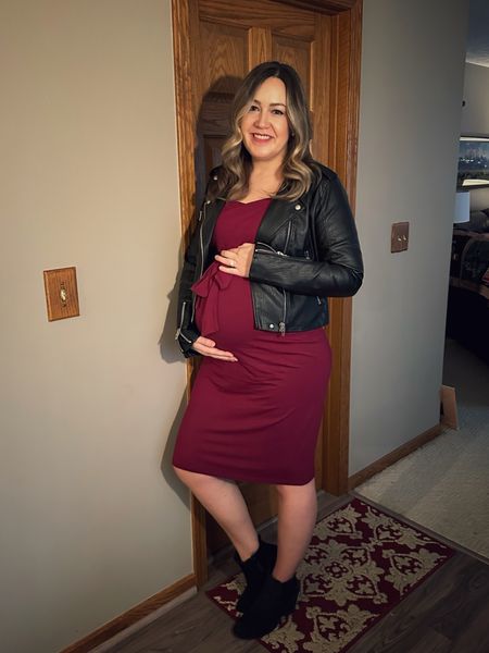 Special occasion maternity dress! So comfy and can be dressed up or down. Sized up to XL for big third trimester bump, and extra sleeve length. Great work dress as well! Styled with a faux leather jacket and black booties!

#LTKfindsunder100 #LTKbump #LTKworkwear