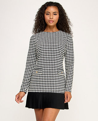 Juniors' Houndstooth Blazer Pleated Crewneck Dress | Macy's