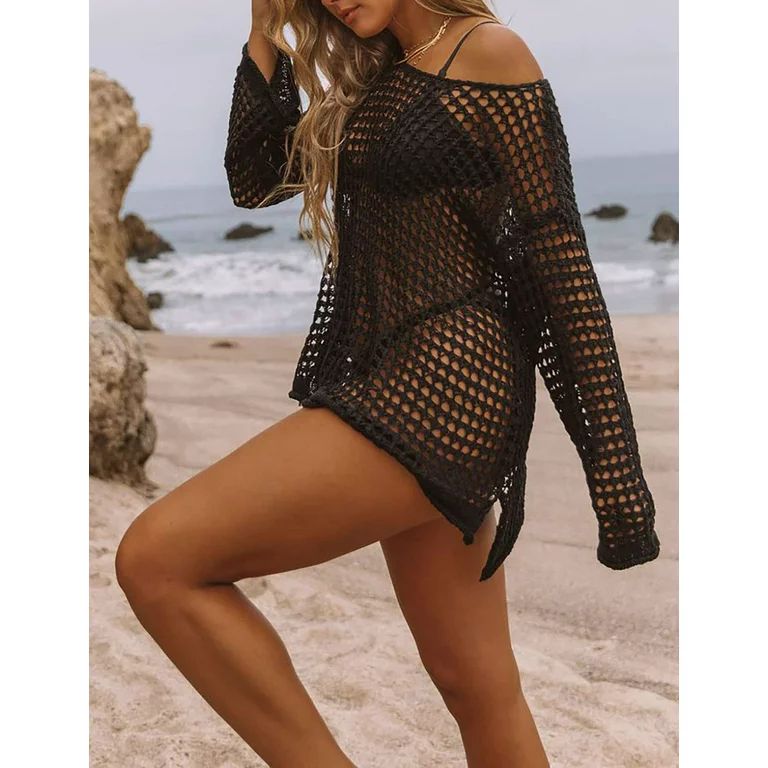 Bsubseach Black Crochet Coverups for Women Sexy Hollow Out Bathing Suit Cover up Knit Summer Outf... | Walmart (US)