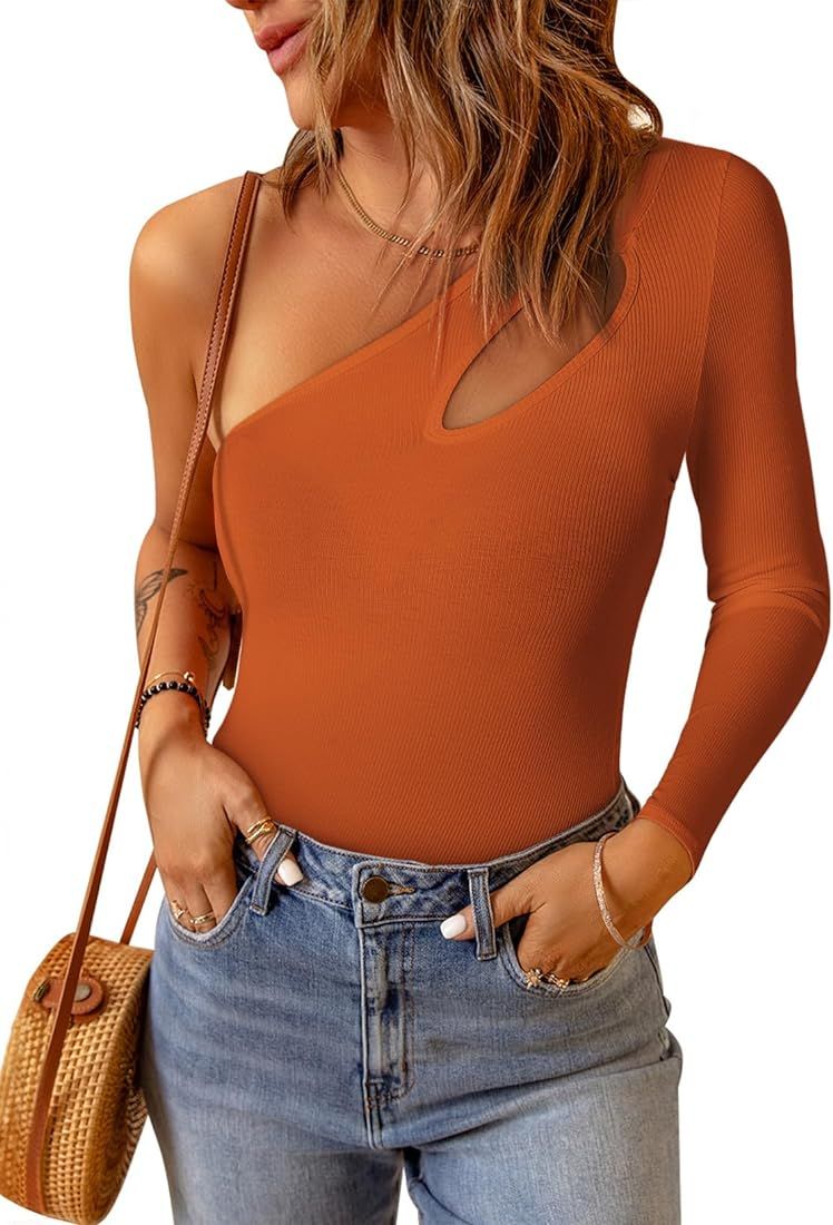 BLENCOT Women One Shoulder Cutout Bodysuits Summer Ribbed Knit Tank Tops Casual Trendy Blouses | Amazon (US)