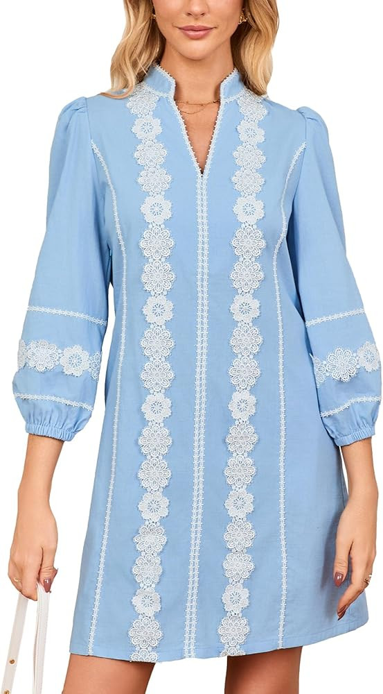 Women's Lace Floral Tunic Dress 3/4 Puff Sleeve V Neck 3D Embroidered Mini Dress | Amazon (US)